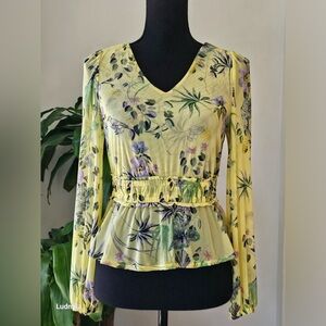 International Concepts Size PP (XSP) Women's Sheer Yellow Floral Long-Sleeve Top